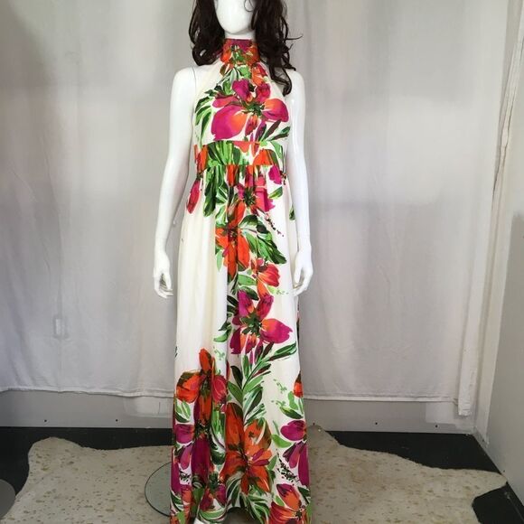 Eliza J Print Chiffon Floral Multi Colored Halter Maxi Formal Gown Dress 14 - Picture 7 of 17